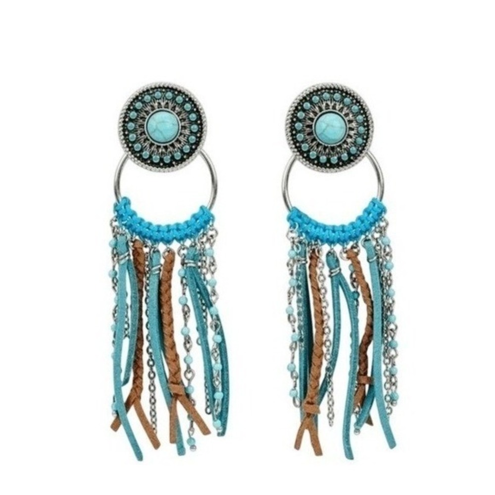 Justin Boots Turquoise Concho Earrings Suede Fringe Silver Blue Tan Bohemian